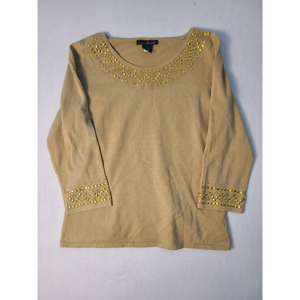 Willi Smith Studded Top Wm L Tan Silk Blend 3/4 Sleeve Scoop Neck Top Minimal
